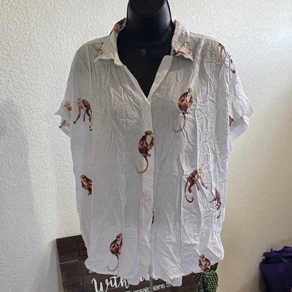 Jane and Delancey Tops - Jane + Delancey White Button-Down Blouse with Fun Monkey Print - Size L